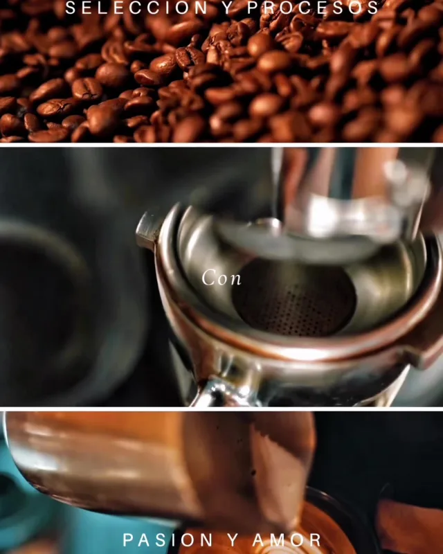 Tres momentos del proceso: granos tostados, el portafiltro cargado y el café cayendo.